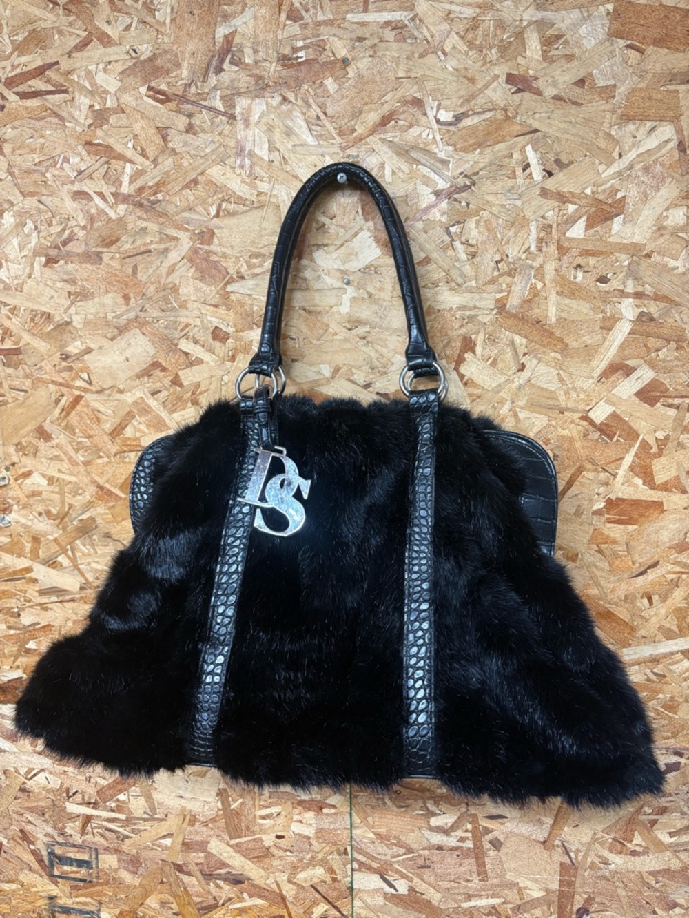 Donna Salyers' Fabulous Furs Black Faux Fur Satchel Embossed Bag / SHIPS FREE !